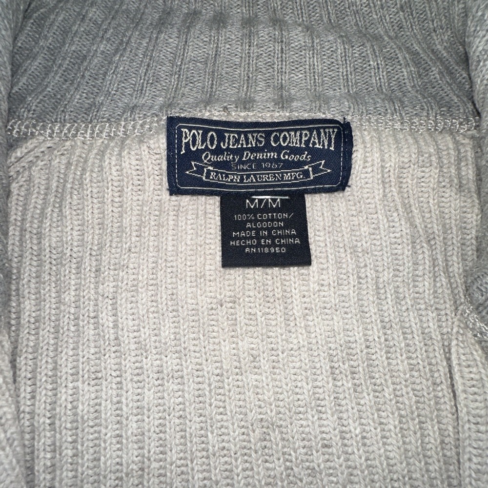 VTG Polo Jeans Co Ralph Lauren Mens M Ribbed Preppy Pullover 1/4 Zip Beige Gray - Picture 7 of 7